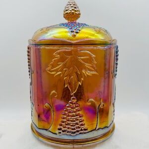 Carnival glass grapes leaves apothecary jar canister lidded MINT 7.25 inches